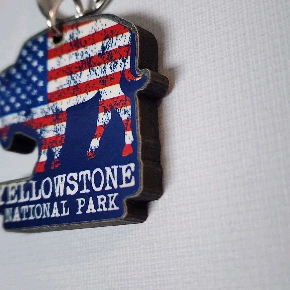 Yellowstone National Park Bison Keychain Keyring American Flag Bison Cutout